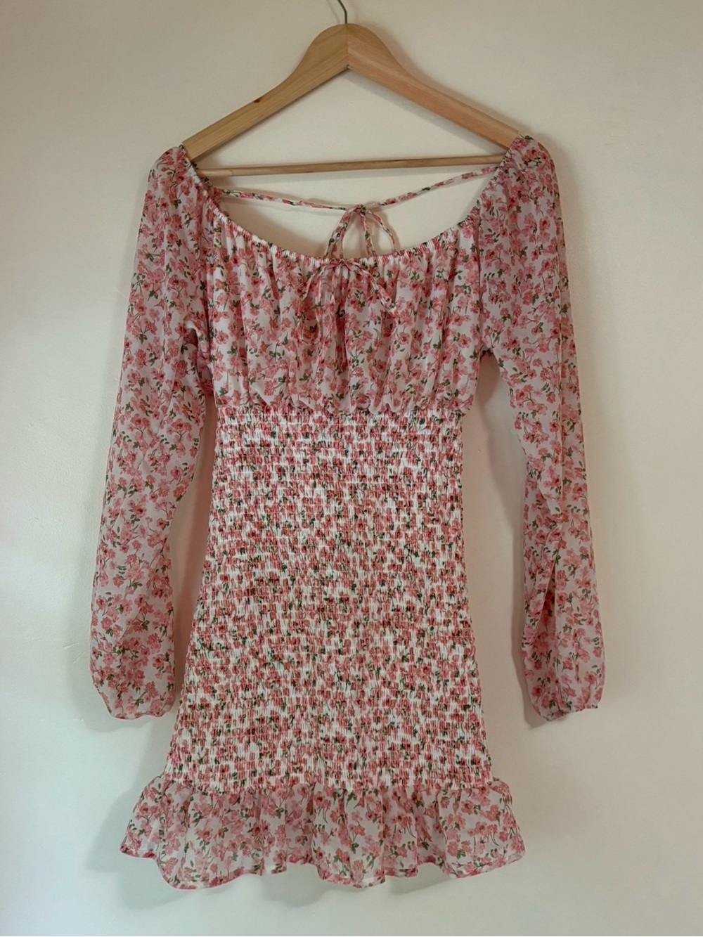Pink Floral Smocked Ruffle Hem Mini Dress Size M